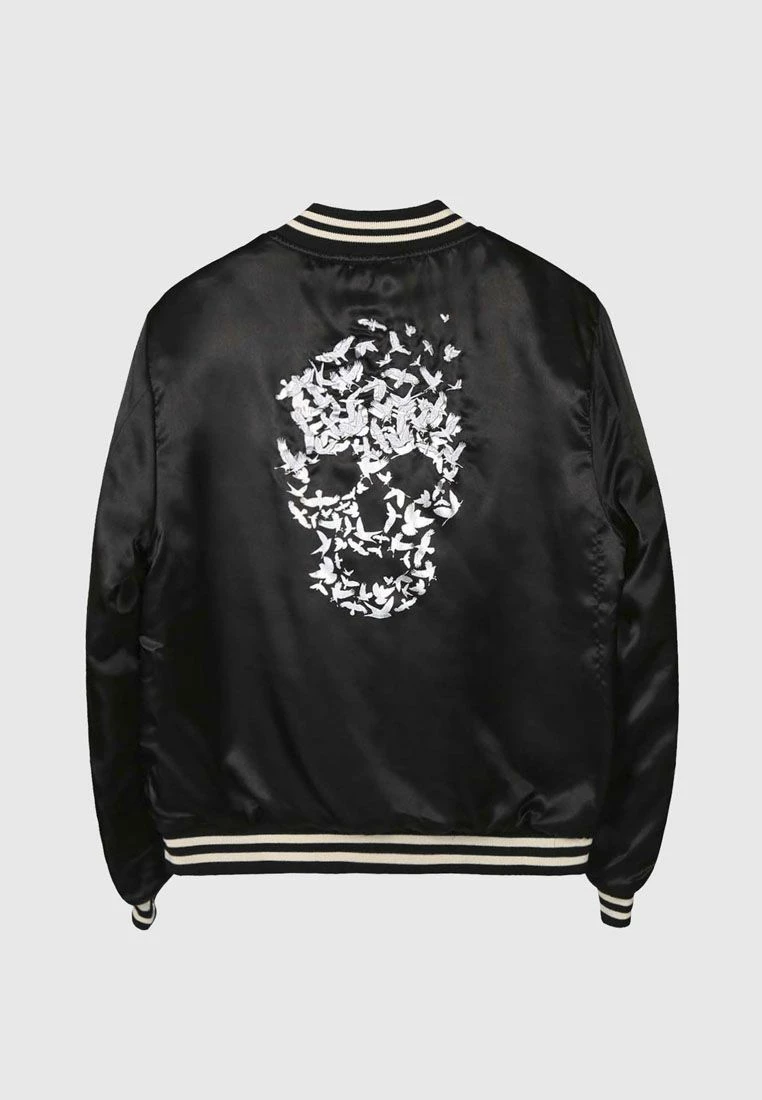 Bolongaro Trevor Bird Skull Bomber Jacket With White Stripes - Black 1 Bolongaro Trevor Bird Skull Bomber Jacket With White Stripes - Black